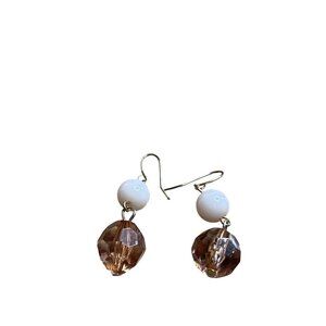 Acrylic Bead Dangle Earrings Beige Champagne Goldtone Hooks 1.25 inch